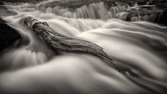 Monochrome long exposure of a log in a river
