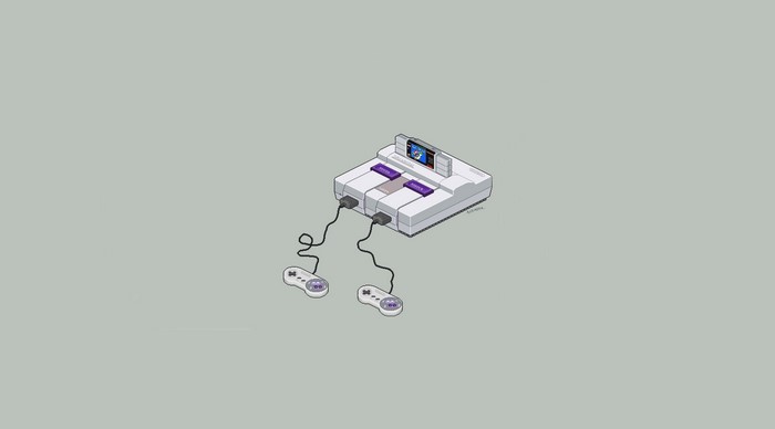 Super Nintendo console with two controllers