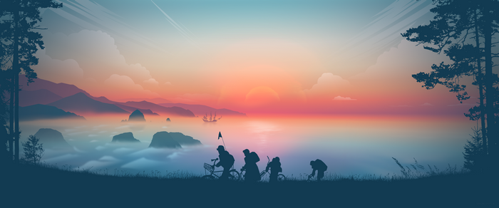 Four cyclists with backpacks ride on a grassy hill at sunset with a pirate ship.