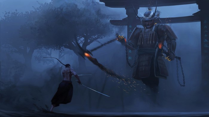 Samurai warrior fighting a giant armored figure
