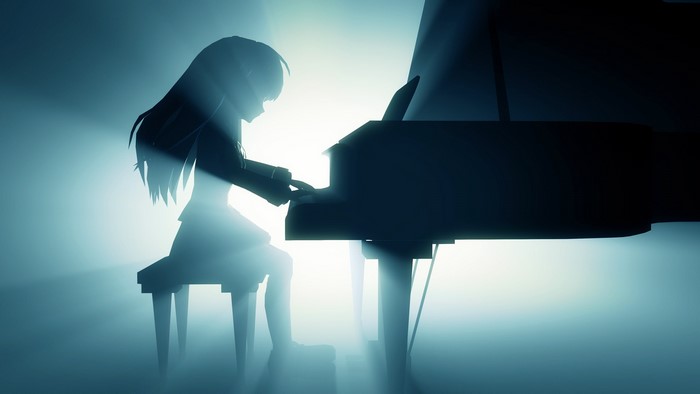 Anime girl playing piano with dramatic lighting