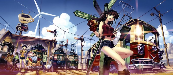 Anime girls at a tram station with cafes and wind turbines