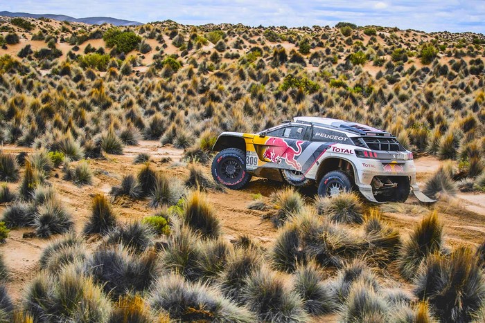 Peugeot rally car racing through a desert landscape