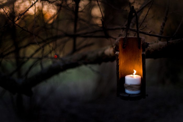 Candle in a wooden lantern hanging from a tree branch