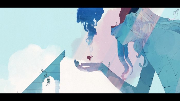 Woman holding a small red creature in Gris