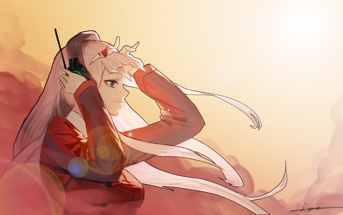 Zero Two from Darling in the FranXX with headphones