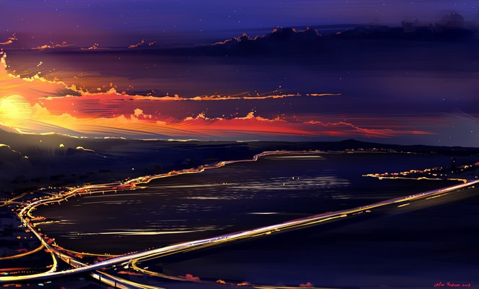 Artwork of a sunset over a body of water with city lights
