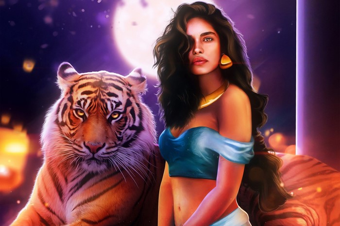 Jasmine with a tiger in a fantasy setting