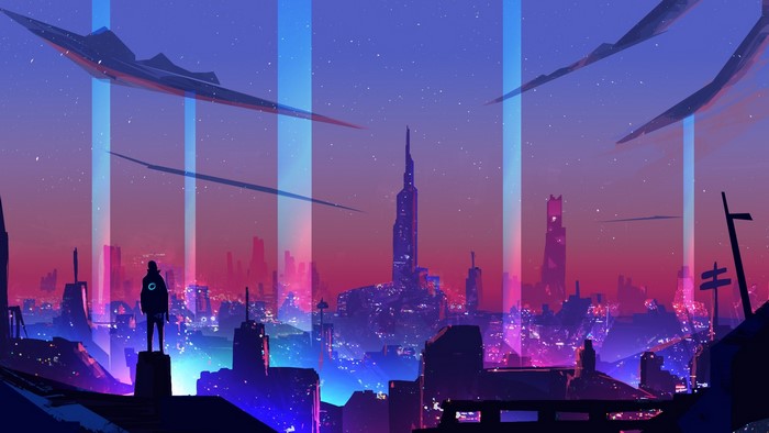 Cyberpunk city skyline with flying vehicles at night