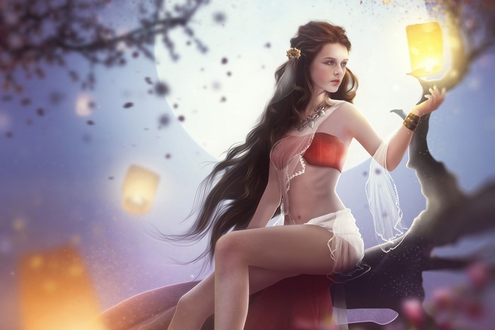 Fantasy girl with long hair holding a lantern