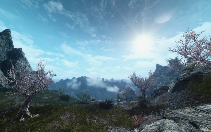 The Elder Scrolls V: Skyrim landscape with mountains and trees