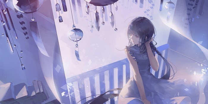 Anime girl in a blue dress with wind chimes