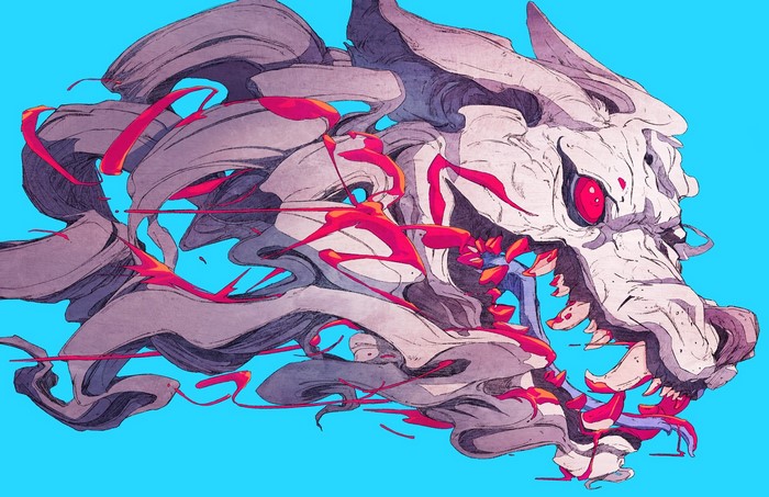 Abstract creature with red eyes and fangs