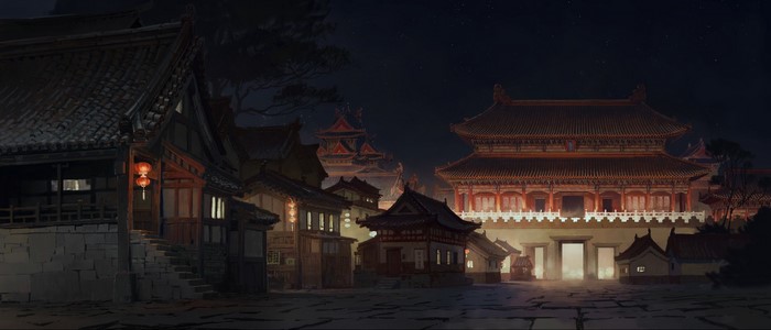 Asian architecture at night with lanterns