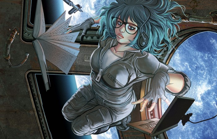 Anime girl in space suit with glasses and headphones