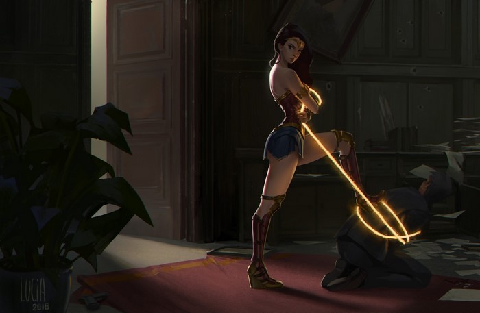 Wonder Woman from DC Comics tying a man with her lasso