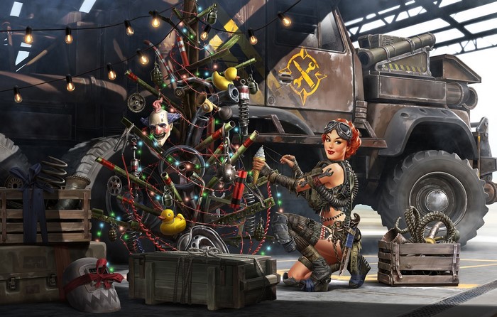 Post-apocalyptic woman decorating a Christmas tree with weapons