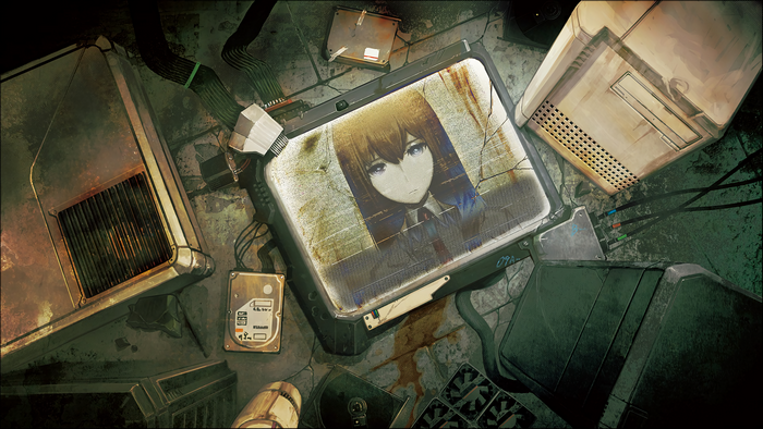 Makise Kurisu from Steins;Gate on a vintage computer setup