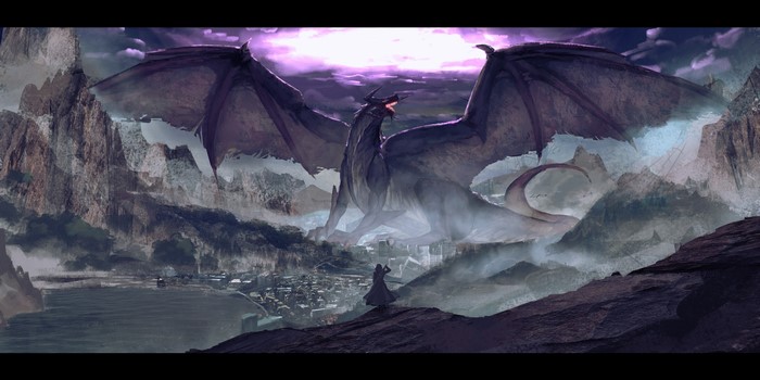 Dragon attacking a city with a warrior watching