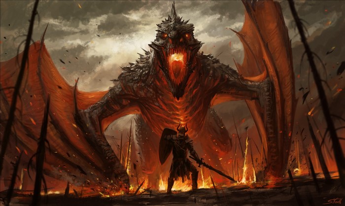 Warrior Facing Giant Dragon by Stefan Koidl