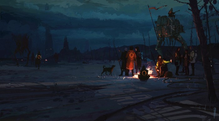 Fantasy art of robots and people in a snowy landscape