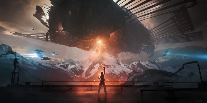 Woman with gun under alien spaceship over mountains
