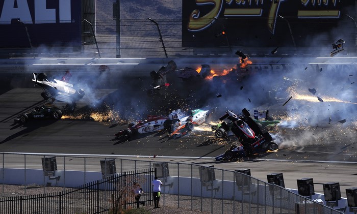 IndyCar racing crash with multiple cars and fire