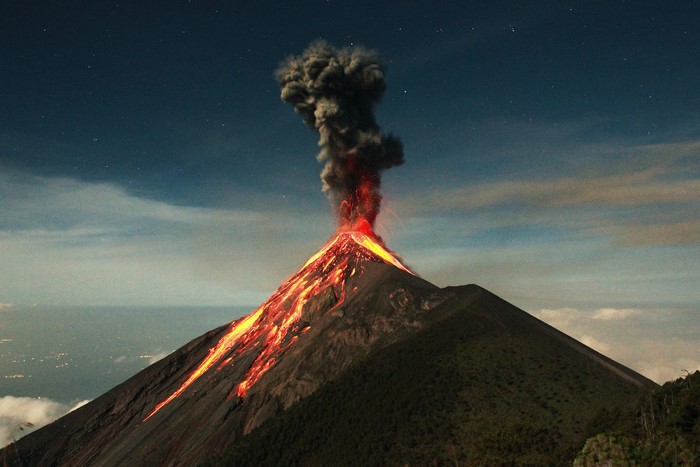 Volcano eruption in Guatemala at night