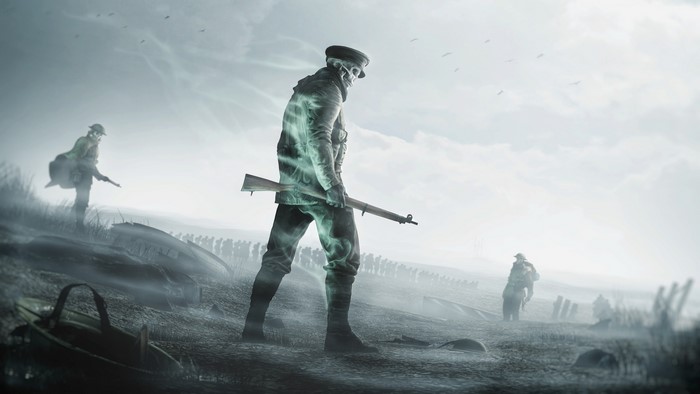 Ghosts of soldiers with rifles in a war-torn landscape