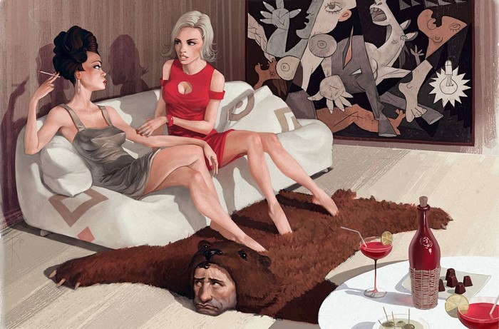 Women in dresses on a couch with a bear rug and Picasso painting