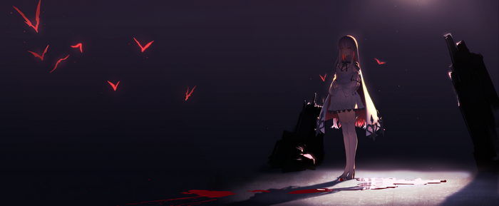 Anime girl with cape and thigh-highs in dark setting