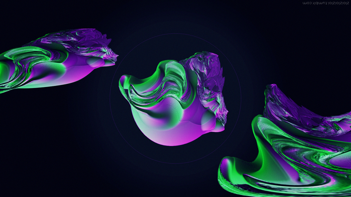 3D Abstract Glitch Art with Purple and Green Forms
