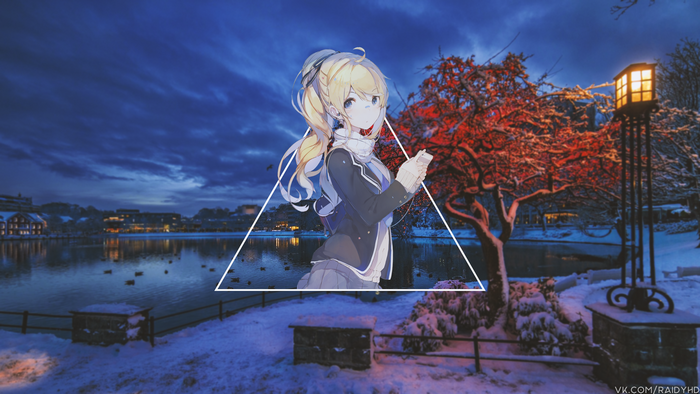 Anime girl with headphones in winter landscape
