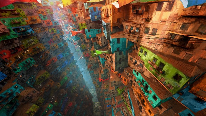 Fantasy art of a colorful favela city