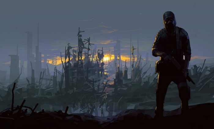 Soldier in gas mask in ruined city at sunset