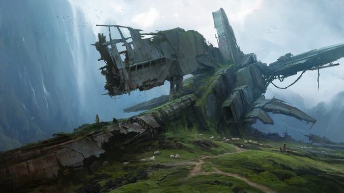 Overgrown spaceship ruins with sheep and mountains