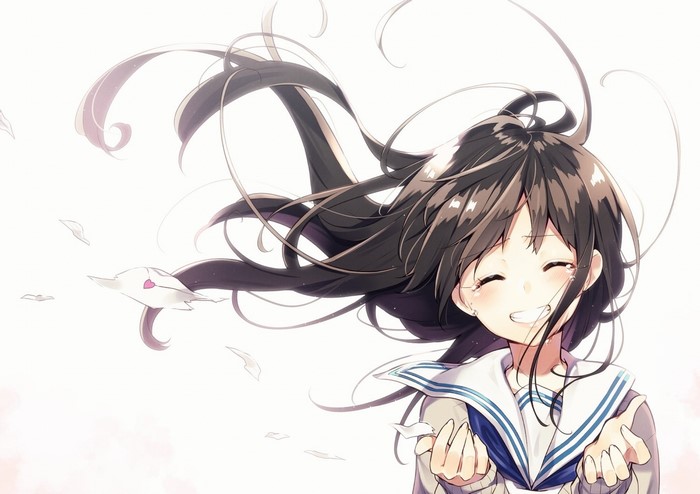 Anime girl with long dark hair smiling