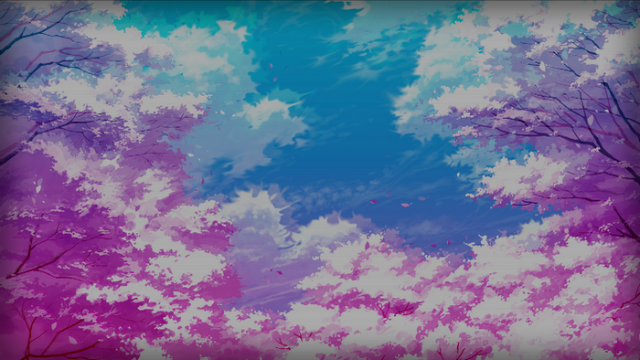 Digital art of trees with pink and white blossoms against a blue sky