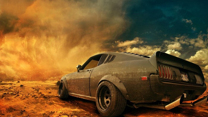 Mad Max car in a desert wasteland