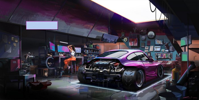 Woman in a futuristic workshop with a modified car