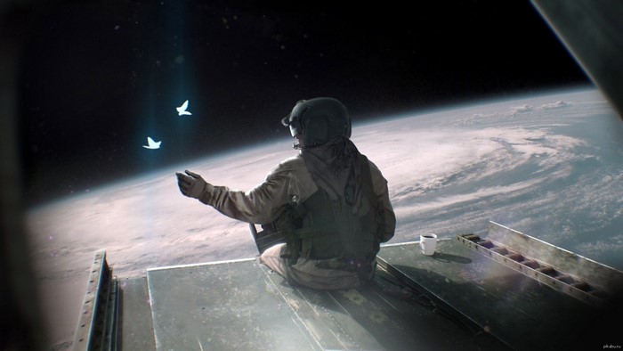 Astronaut with doves above Earth