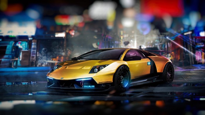 Yellow Lamborghini Murcielago in a neon-lit city