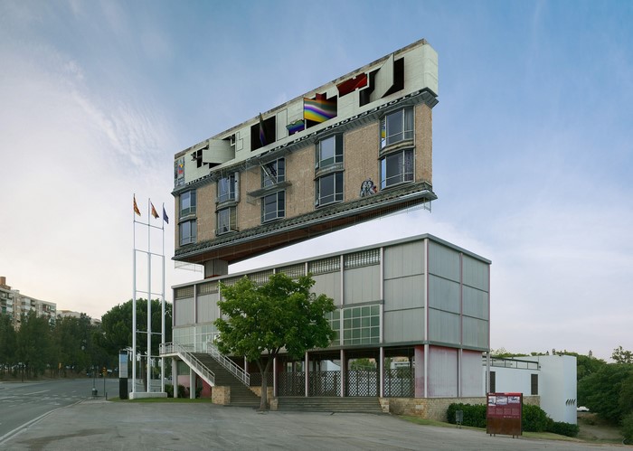 Surreal Architecture with Billboards and Flags