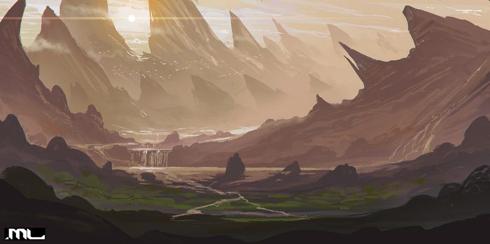 Fantasy landscape with sharp mountains and a waterfall