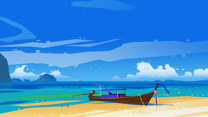 Longtail boat on a tropical beach with islands