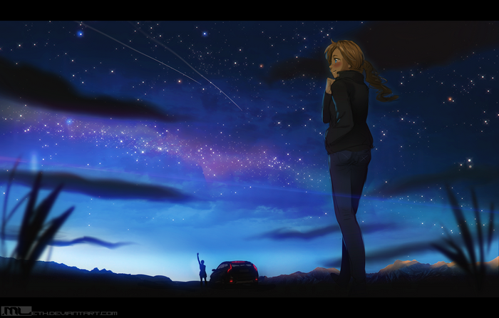 Anime girl looking at the starry sky with a car and another person