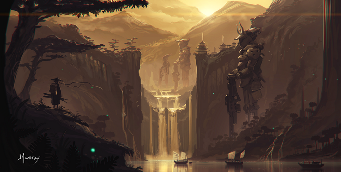 Fantasy landscape with samurai and giant robot statue