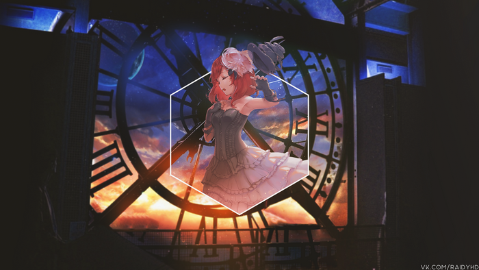 Anime girl in a dress in front of a clock tower