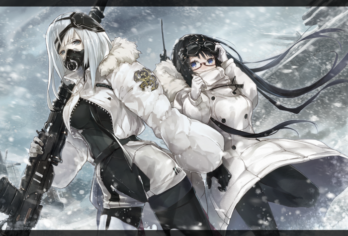 Two anime girls in winter coats with guns