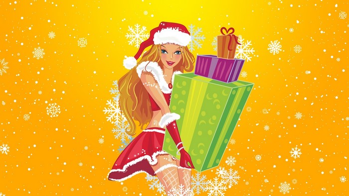 Woman in Santa outfit holding Christmas presents